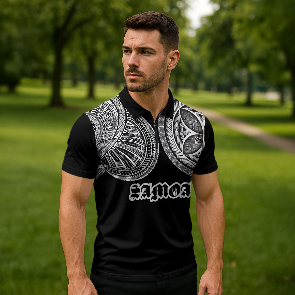 Samoa Traditional Tattoo Zipper Polo Shirt Tribal Tatau Pattern