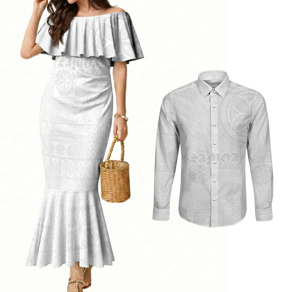 Samoa Lotu Tamaiti Couples Matching Mermaid Dress and Long Sleeve Button Shirt Tribal Tatau with Siapo Pattern