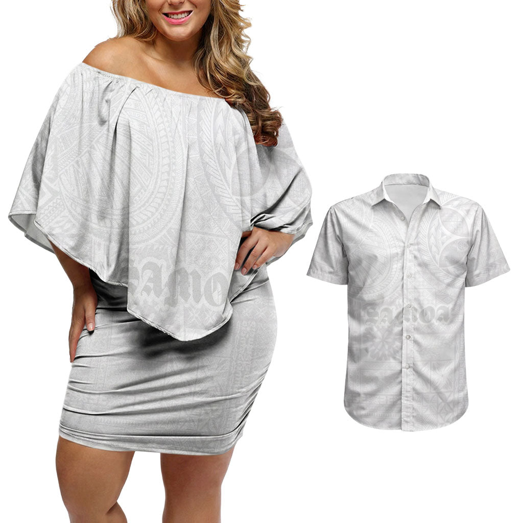 Samoa Lotu Tamaiti Couples Matching Off Shoulder Short Dress and Hawaiian Shirt Tribal Tatau with Siapo Pattern LT03 White - Polynesian Pride
