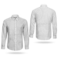 Samoa Lotu Tamaiti Couples Matching Off Shoulder Short Dress and Long Sleeve Button Shirt Tribal Tatau with Siapo Pattern