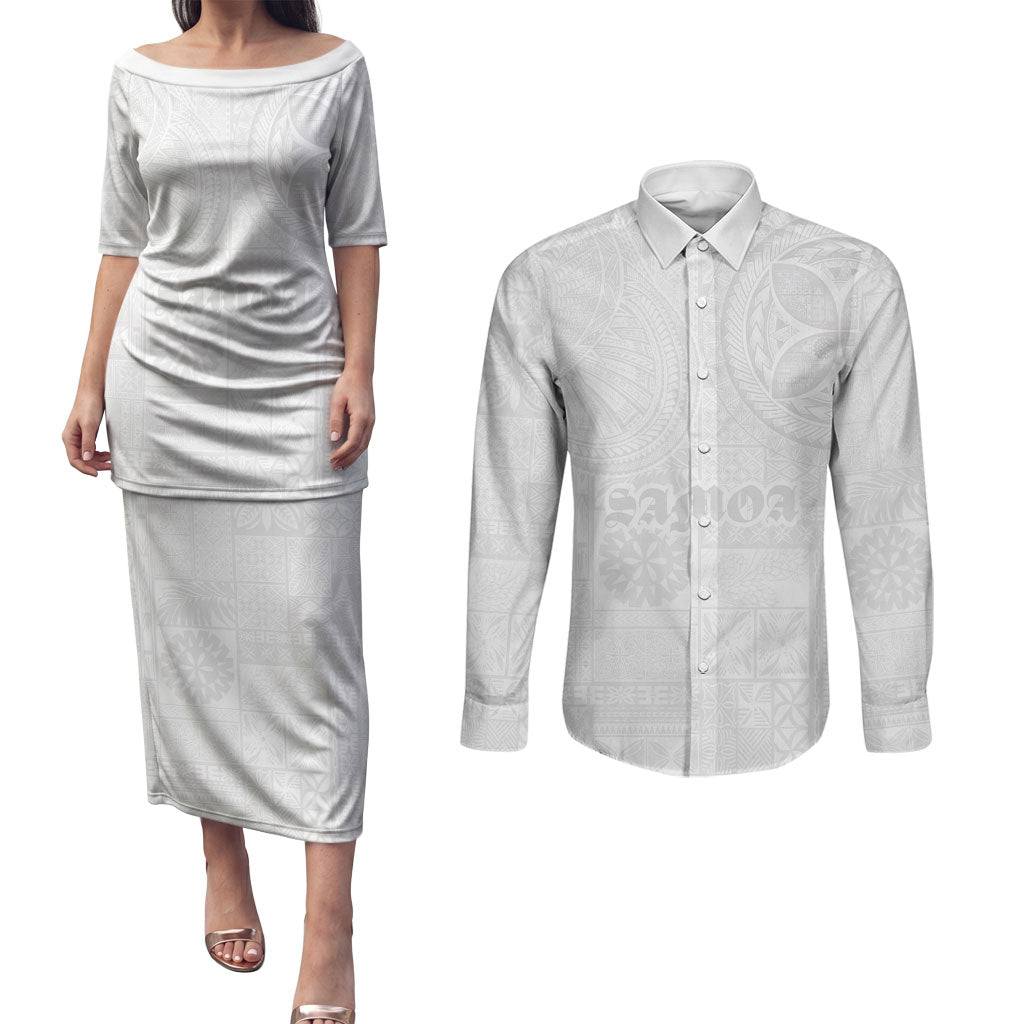 Samoa Lotu Tamaiti Couples Matching Puletasi and Long Sleeve Button Shirt Tribal Tatau with Siapo Pattern