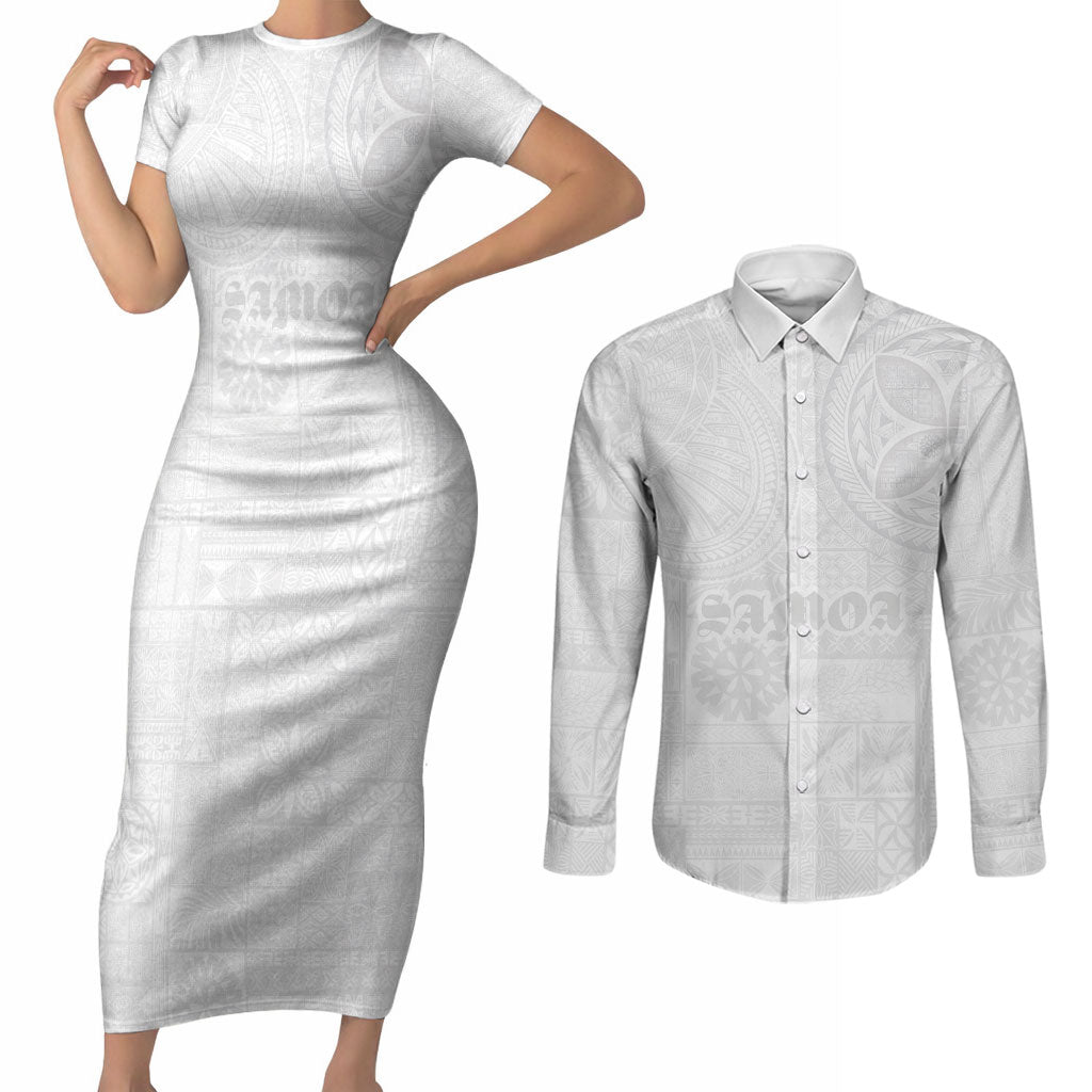 Samoa Lotu Tamaiti Couples Matching Short Sleeve Bodycon Dress and Long Sleeve Button Shirt Tribal Tatau with Siapo Pattern