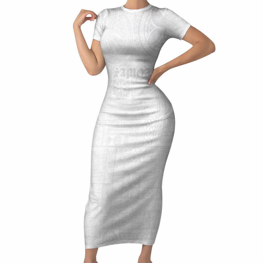 Samoa Lotu Tamaiti Short Sleeve Bodycon Dress Tribal Tatau with Siapo Pattern LT03 Long Dress White - Polynesian Pride