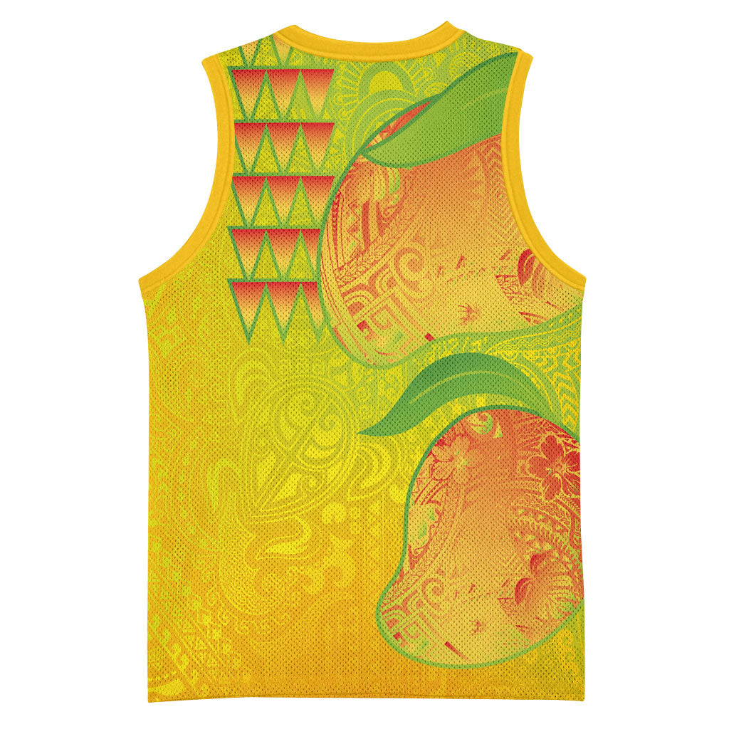 Hawaiian Mango Basketball Jersey Polynesian Art Pattern and Kakau Tattoo