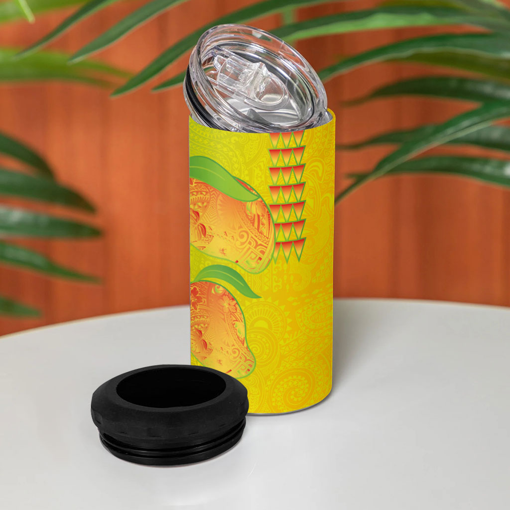 Hawaiian Mango 4 in 1 Can Cooler Tumbler Polynesian Art Pattern and Kakau Tattoo