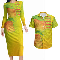 Hawaiian Mango Couples Matching Long Sleeve Bodycon Dress and Hawaiian Shirt Polynesian Art Pattern and Kakau Tattoo