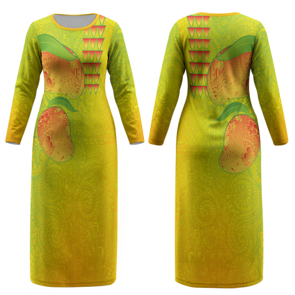 Hawaiian Mango Couples Matching Long Sleeve Bodycon Dress and Hawaiian Shirt Polynesian Art Pattern and Kakau Tattoo