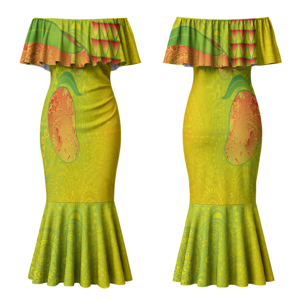 Hawaiian Mango Couples Matching Mermaid Dress and Long Sleeve Button Shirt Polynesian Art Pattern and Kakau Tattoo