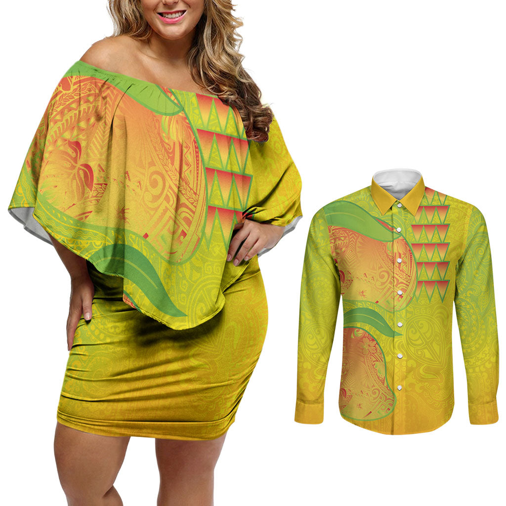 Hawaiian Mango Couples Matching Off Shoulder Short Dress and Long Sleeve Button Shirt Polynesian Art Pattern and Kakau Tattoo