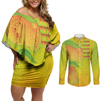 Hawaiian Mango Couples Matching Off Shoulder Short Dress and Long Sleeve Button Shirt Polynesian Art Pattern and Kakau Tattoo