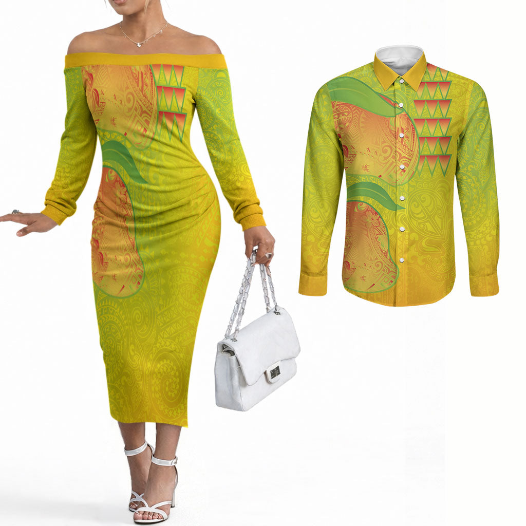 Hawaiian Mango Couples Matching Off The Shoulder Long Sleeve Dress and Long Sleeve Button Shirt Polynesian Art Pattern and Kakau Tattoo