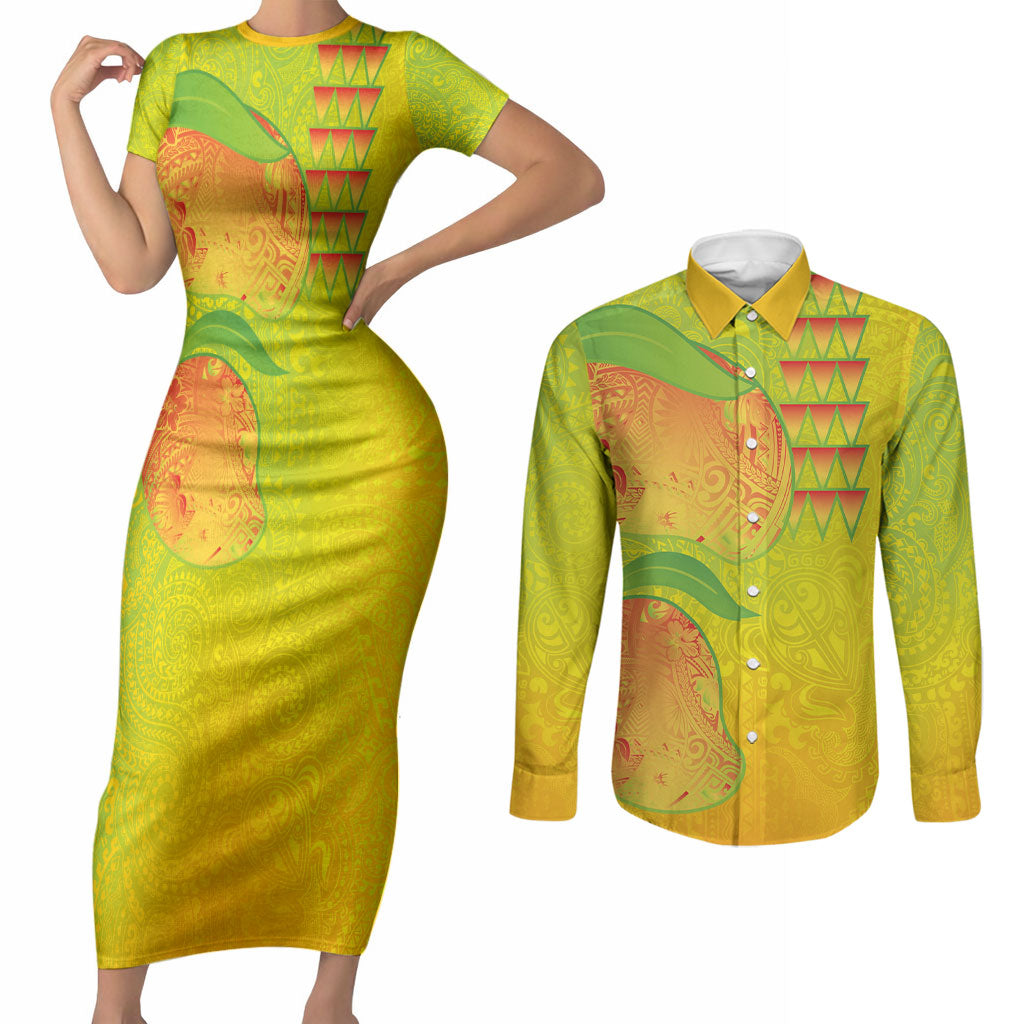 Hawaiian Mango Couples Matching Short Sleeve Bodycon Dress and Long Sleeve Button Shirt Polynesian Art Pattern and Kakau Tattoo