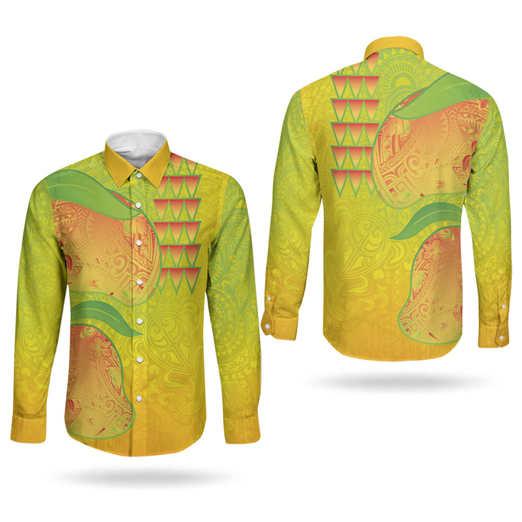 Hawaiian Mango Couples Matching Short Sleeve Bodycon Dress and Long Sleeve Button Shirt Polynesian Art Pattern and Kakau Tattoo