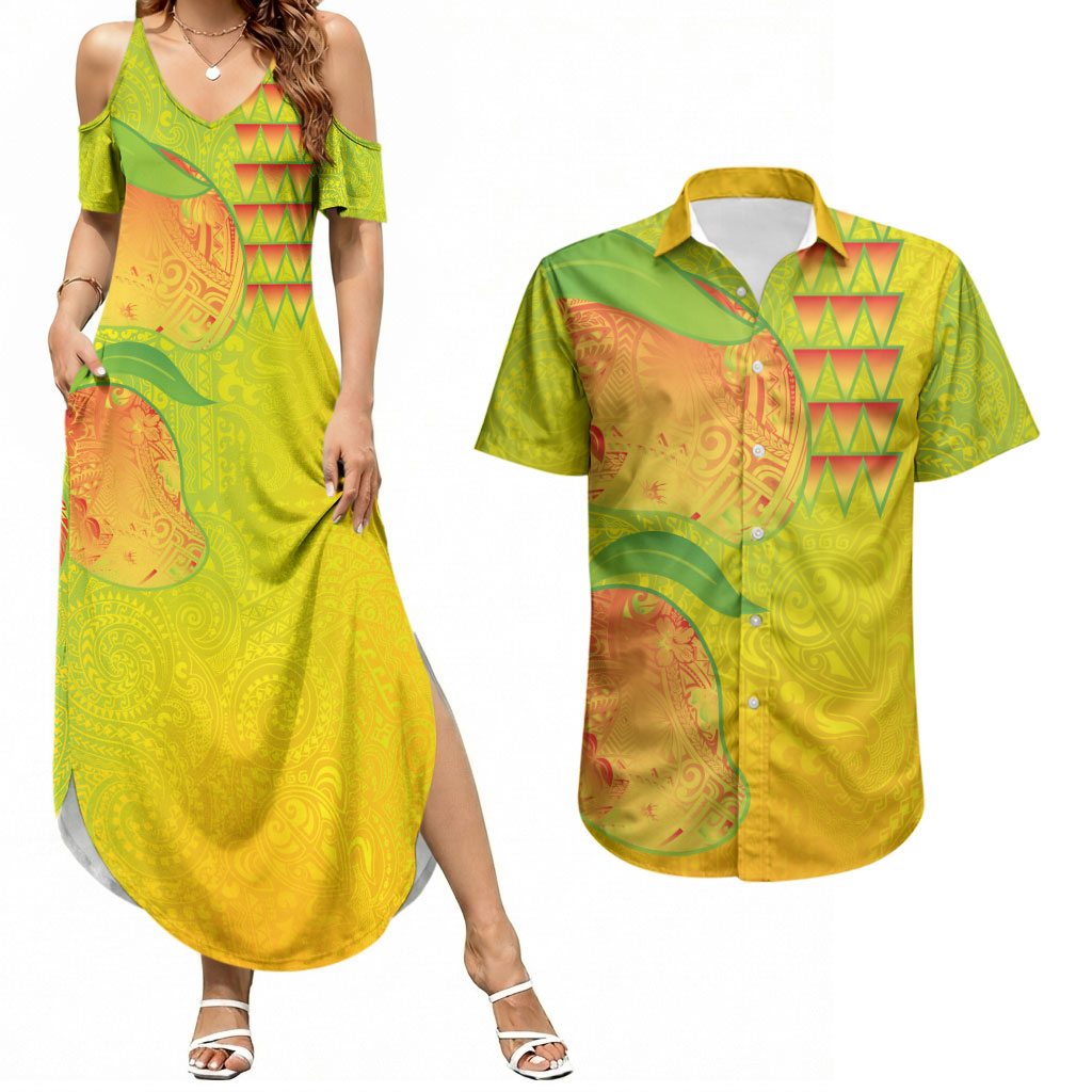 Hawaiian Mango Couples Matching Summer Maxi Dress and Hawaiian Shirt Polynesian Art Pattern and Kakau Tattoo