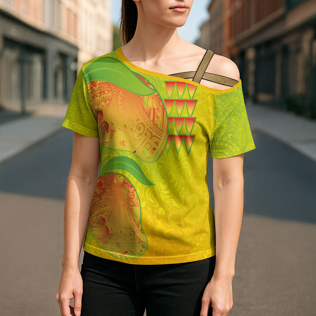 Hawaiian Mango Cross Shoulder Shirt Polynesian Art Pattern and Kakau Tattoo