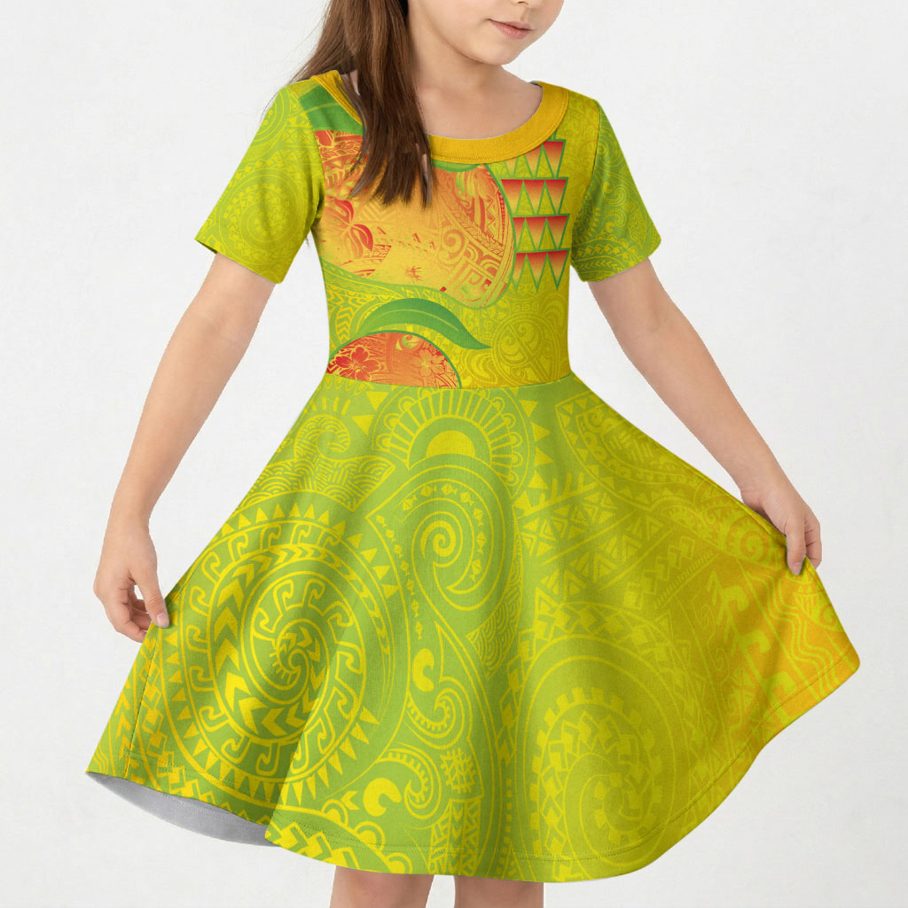 Hawaiian Mango Kid Short Sleeve Dress Polynesian Art Pattern and Kakau Tattoo