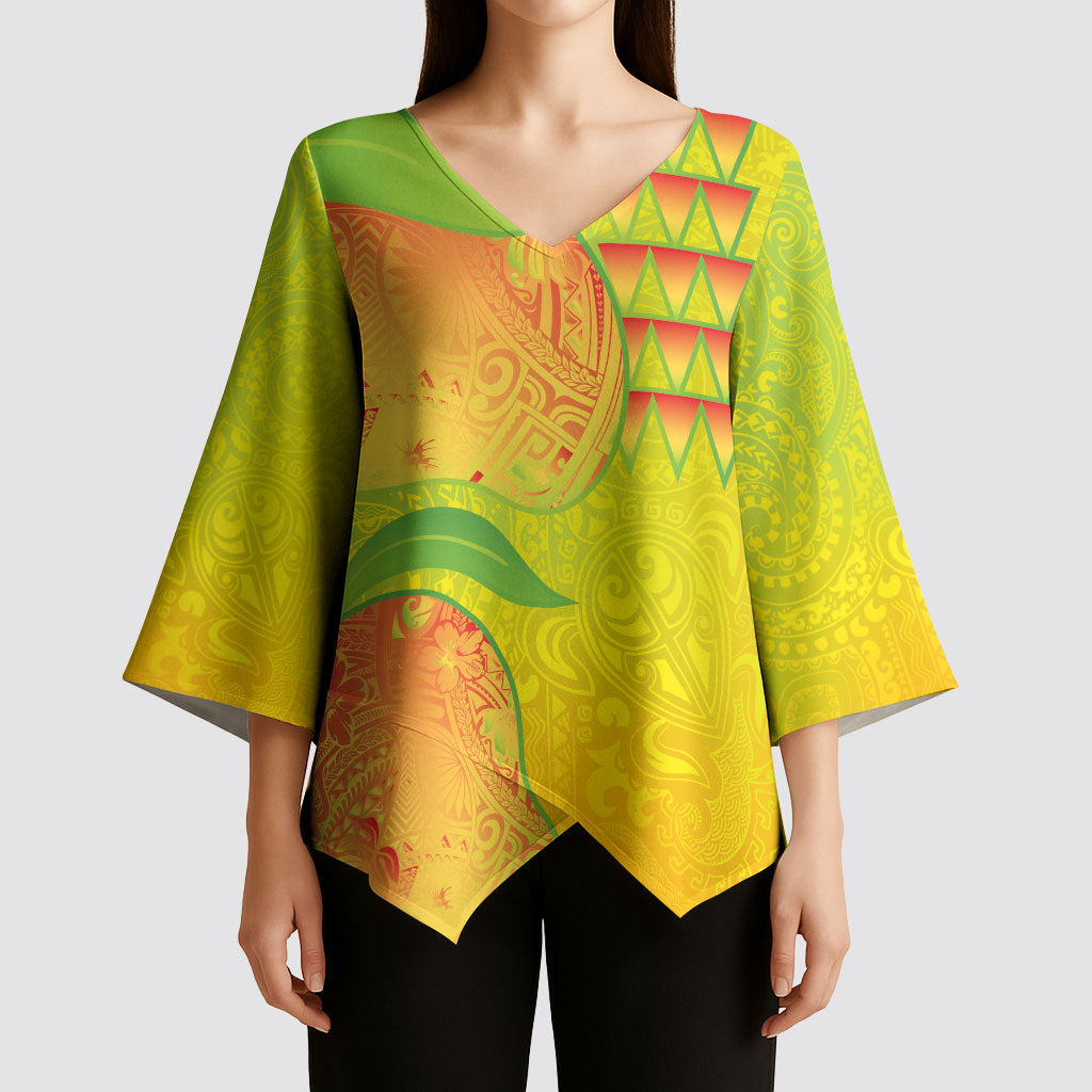 Hawaiian Mango Kimono Sleeve Blouse Polynesian Art Pattern and Kakau Tattoo