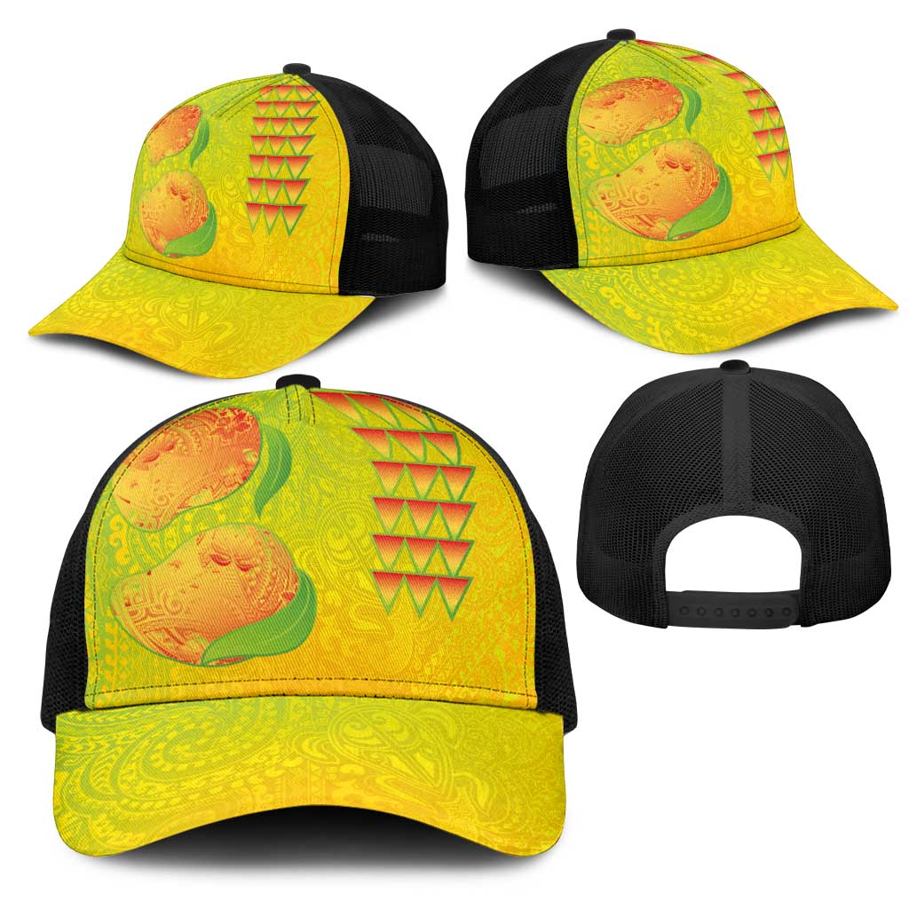 Hawaiian Mango Mesh Trucker Cap Polynesian Art Pattern and Kakau Tattoo