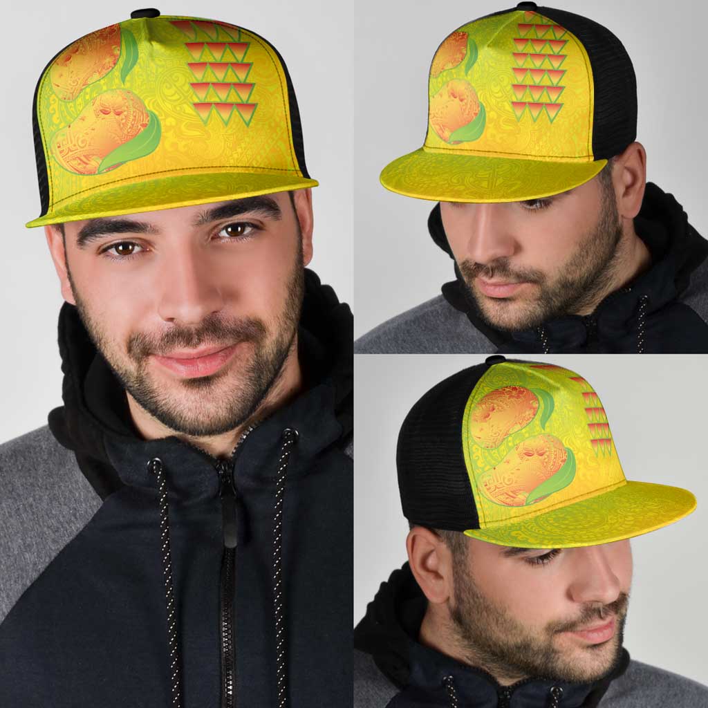 Hawaiian Mango Mesh Trucker Cap Polynesian Art Pattern and Kakau Tattoo