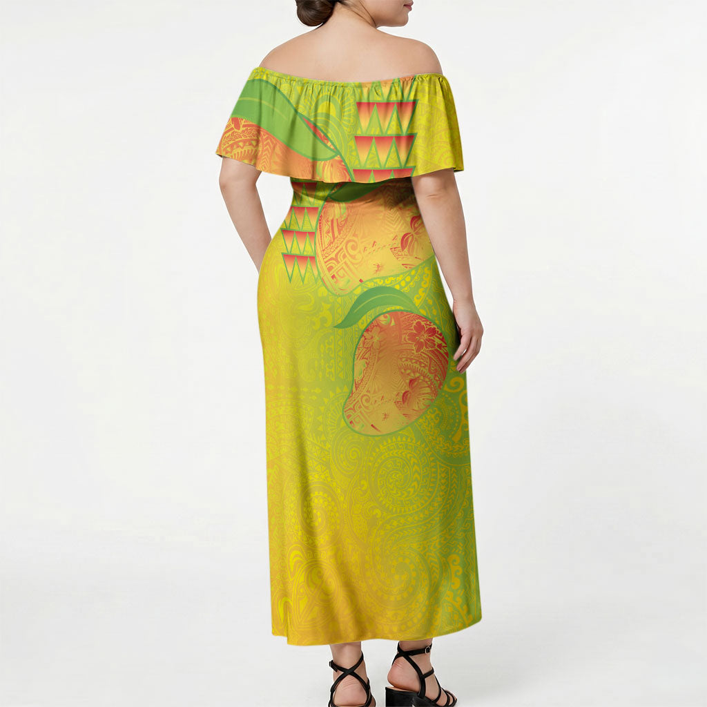 Hawaiian Mango Off Shoulder Maxi Dress Polynesian Art Pattern and Kakau Tattoo