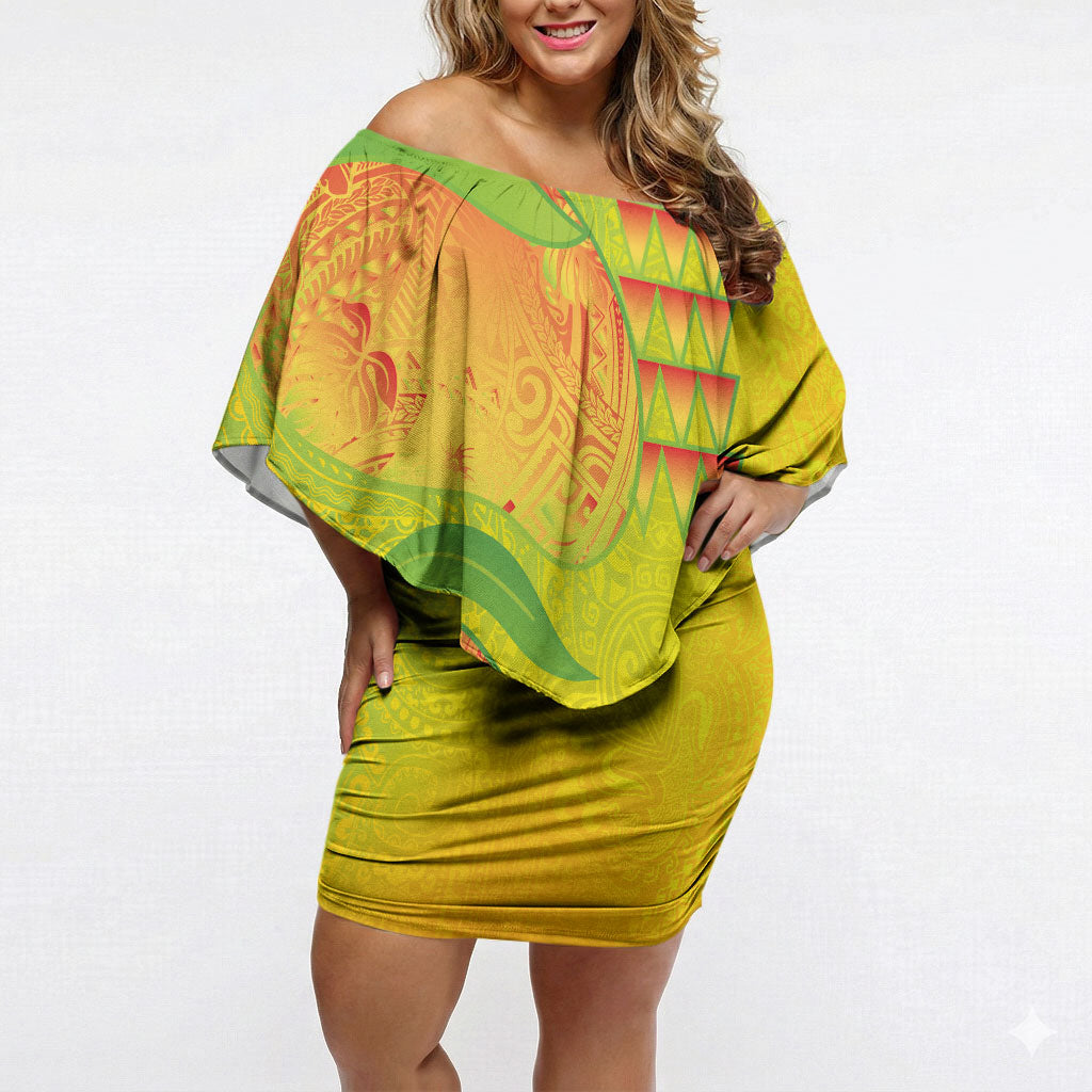 Hawaiian Mango Off Shoulder Short Dress Polynesian Art Pattern and Kakau Tattoo