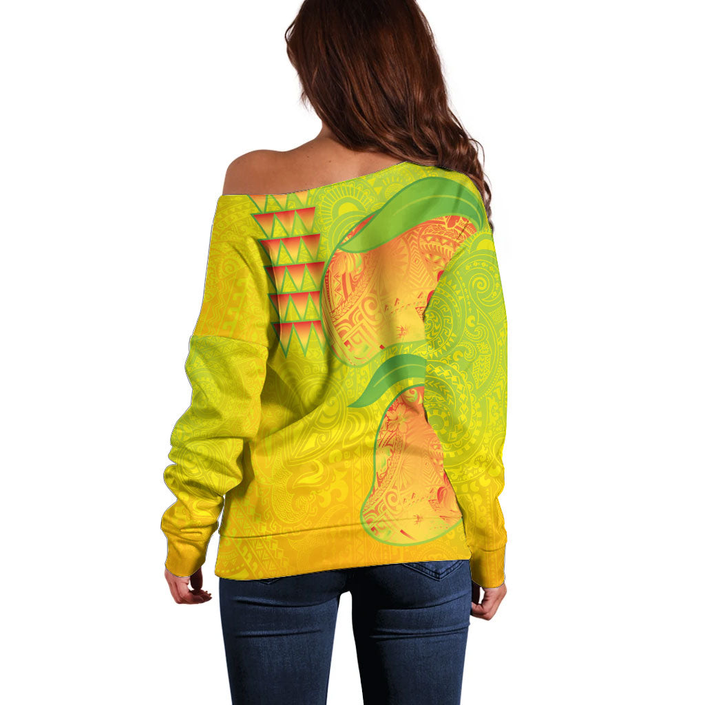 Hawaiian Mango Off Shoulder Sweater Polynesian Art Pattern and Kakau Tattoo