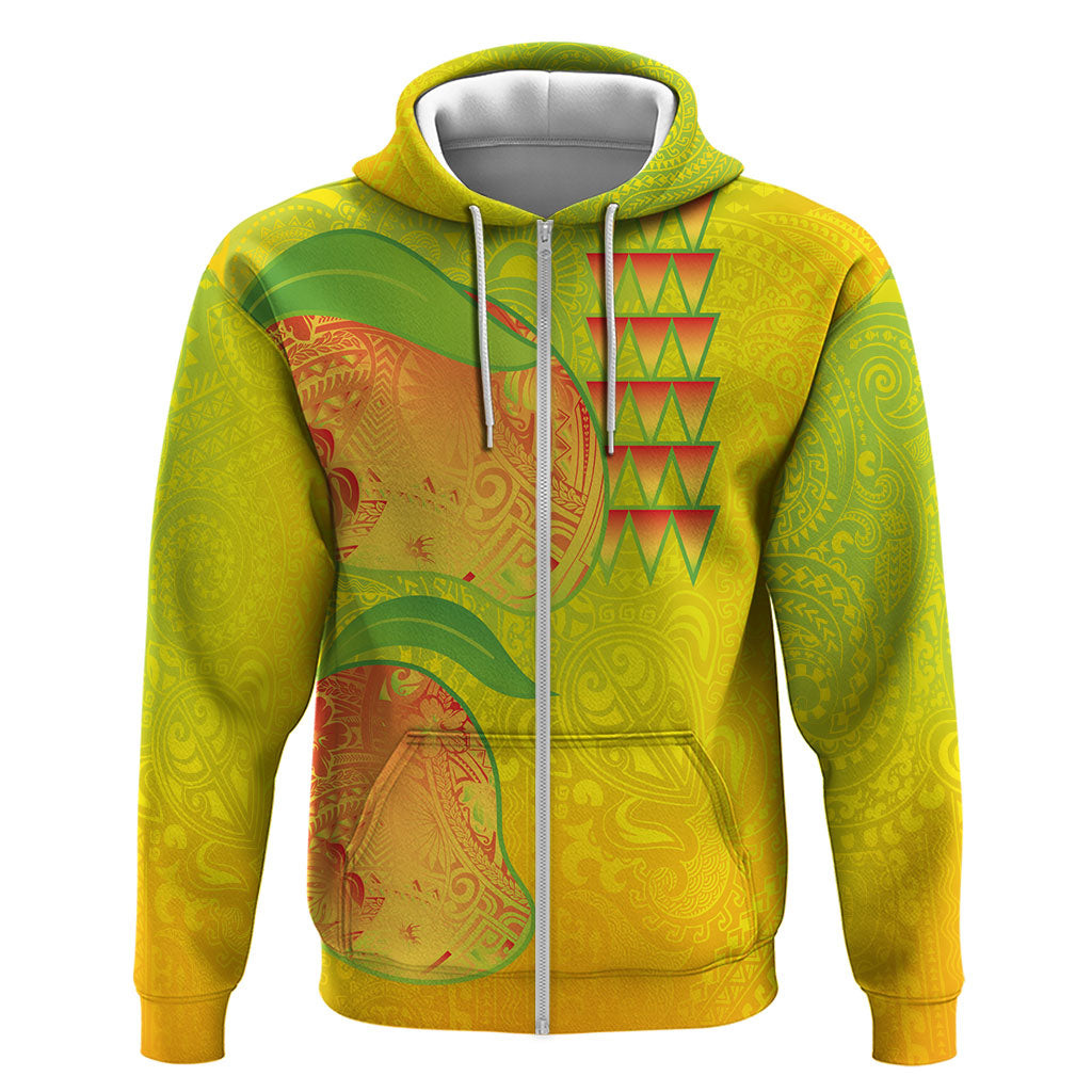 Hawaiian Mango Zip Hoodie Polynesian Art Pattern and Kakau Tattoo