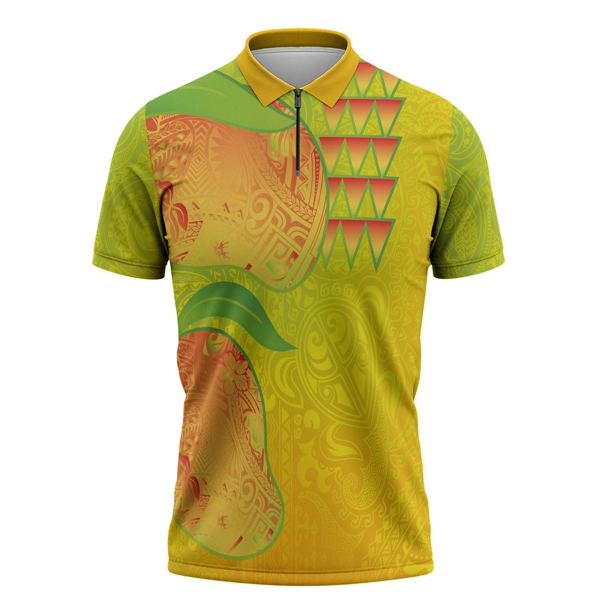 Hawaiian Mango Zipper Polo Shirt Polynesian Art Pattern and Kakau Tattoo