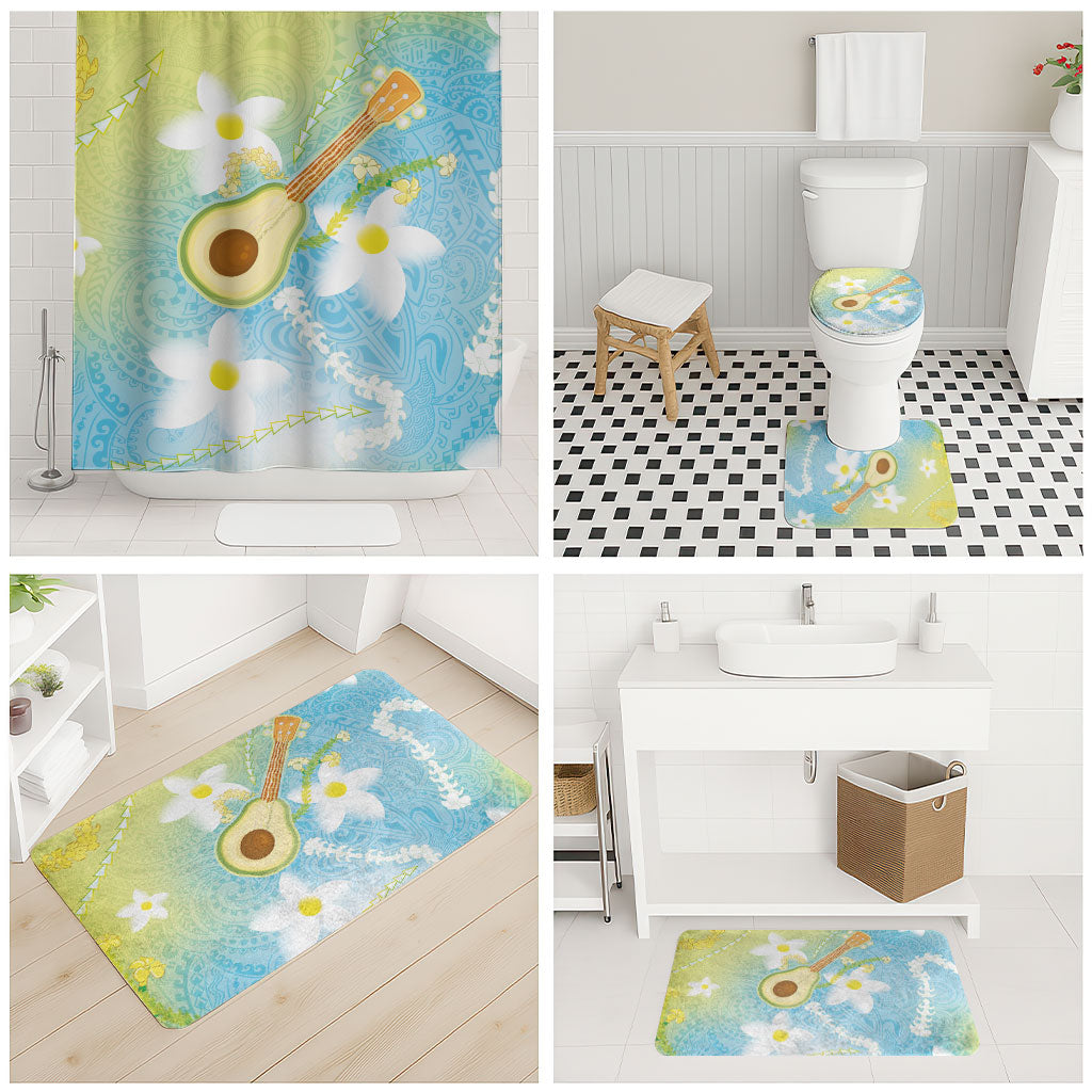 Hawaiian Ukulele Avocado Bathroom Set Leis and Polynesian Pattern