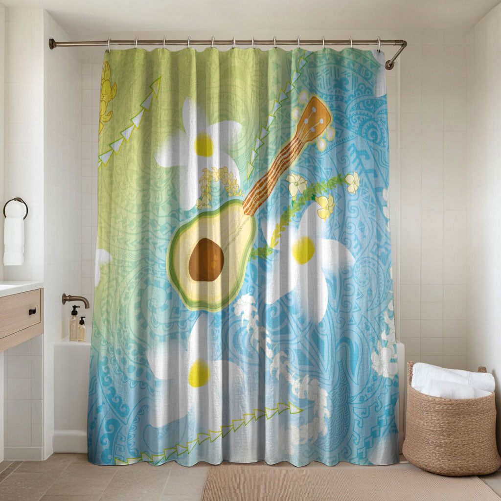 Hawaiian Ukulele Avocado Bathroom Set Leis and Polynesian Pattern