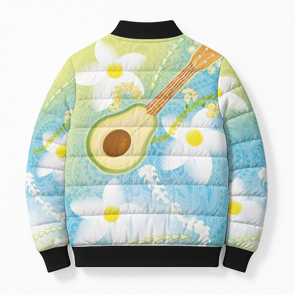 Hawaiian Ukulele Avocado Bomber Puffer Jacket Leis and Polynesian Pattern