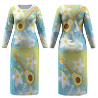 Hawaiian Ukulele Avocado Couples Matching Long Sleeve Bodycon Dress and Hawaiian Shirt Leis and Polynesian Pattern