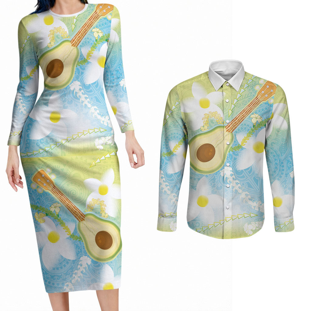 Hawaiian Ukulele Avocado Couples Matching Long Sleeve Bodycon Dress and Long Sleeve Button Shirt Leis and Polynesian Pattern