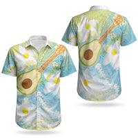Hawaiian Ukulele Avocado Couples Matching Mermaid Dress and Hawaiian Shirt Leis and Polynesian Pattern
