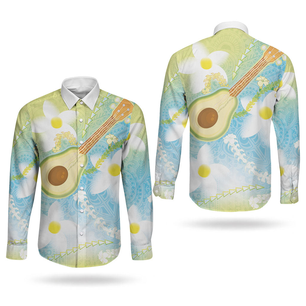 Hawaiian Ukulele Avocado Couples Matching Mermaid Dress and Long Sleeve Button Shirt Leis and Polynesian Pattern