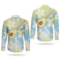 Hawaiian Ukulele Avocado Couples Matching Mermaid Dress and Long Sleeve Button Shirt Leis and Polynesian Pattern