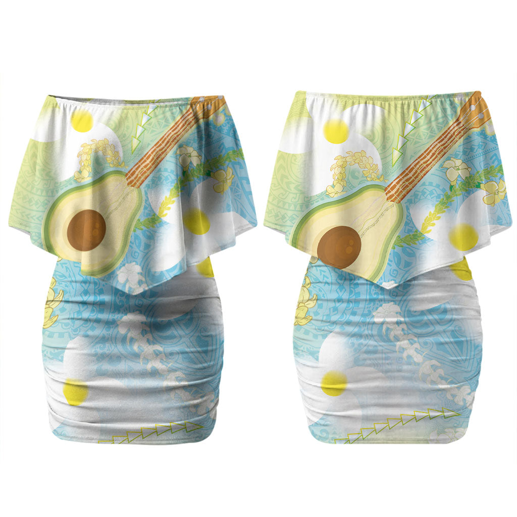 Hawaiian Ukulele Avocado Couples Matching Off Shoulder Short Dress and Hawaiian Shirt Leis and Polynesian Pattern