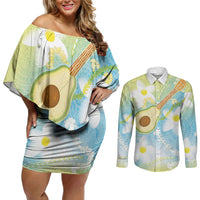 Hawaiian Ukulele Avocado Couples Matching Off Shoulder Short Dress and Long Sleeve Button Shirt Leis and Polynesian Pattern