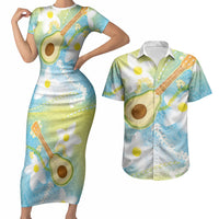 Hawaiian Ukulele Avocado Couples Matching Short Sleeve Bodycon Dress and Hawaiian Shirt Leis and Polynesian Pattern