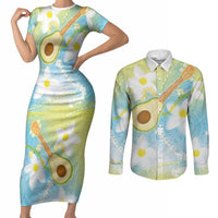 Hawaiian Ukulele Avocado Couples Matching Short Sleeve Bodycon Dress and Long Sleeve Button Shirt Leis and Polynesian Pattern