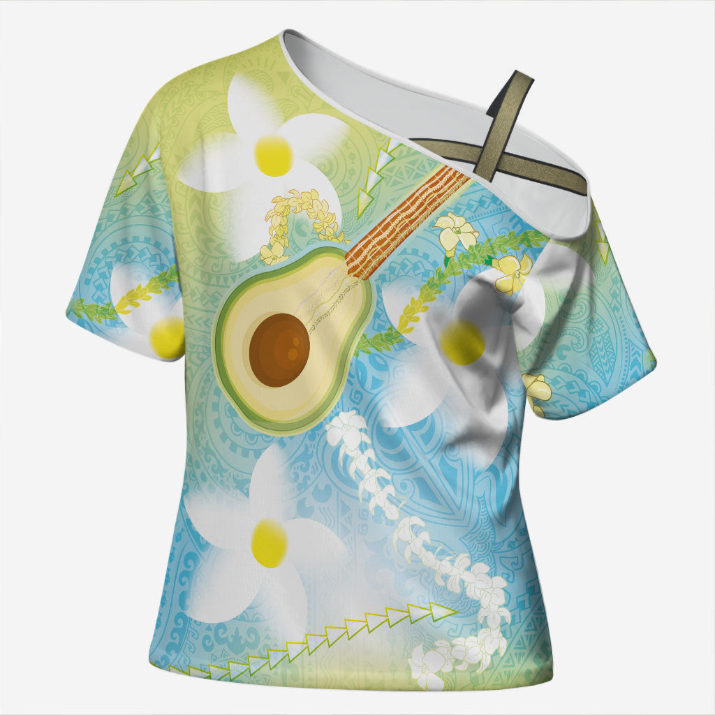 Hawaiian Ukulele Avocado Cross Shoulder Shirt Leis and Polynesian Pattern