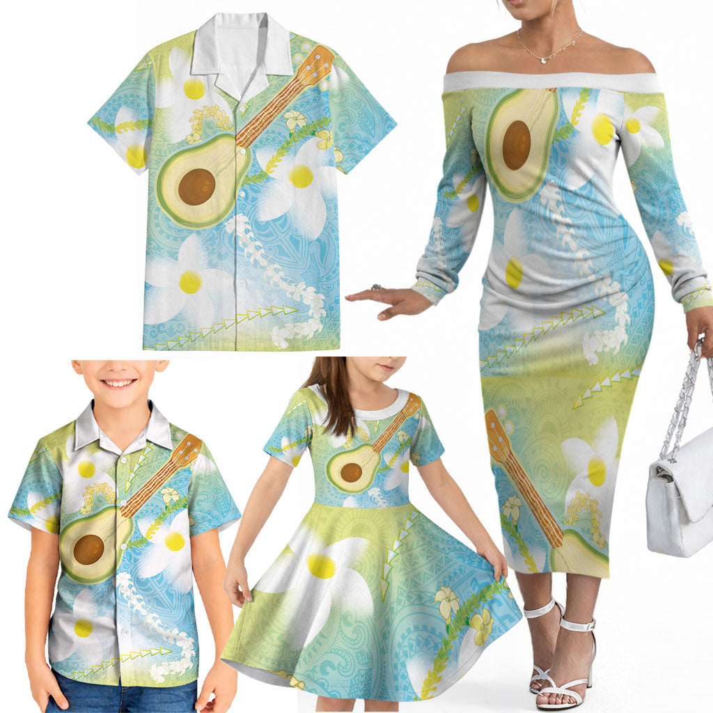 Hawaiian Ukulele Avocado Family Matching Off The Shoulder Long Sleeve Dress and Hawaiian Shirt Leis and Polynesian Pattern