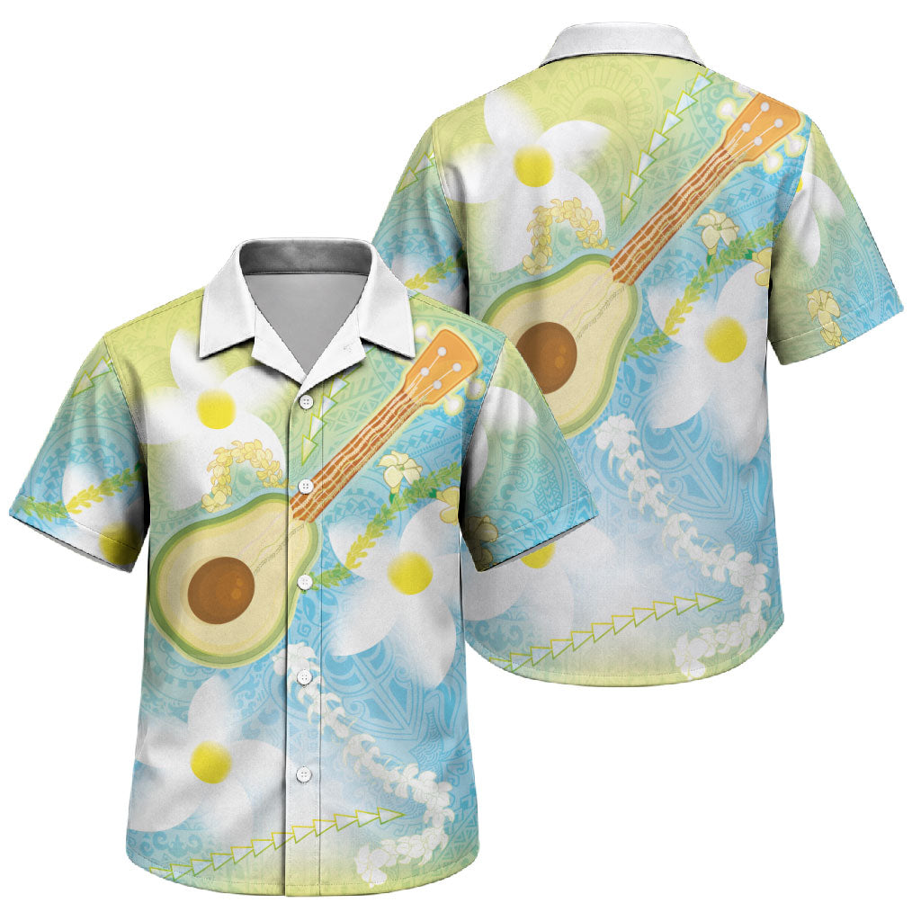Hawaiian Ukulele Avocado Family Matching Off The Shoulder Long Sleeve Dress and Hawaiian Shirt Leis and Polynesian Pattern