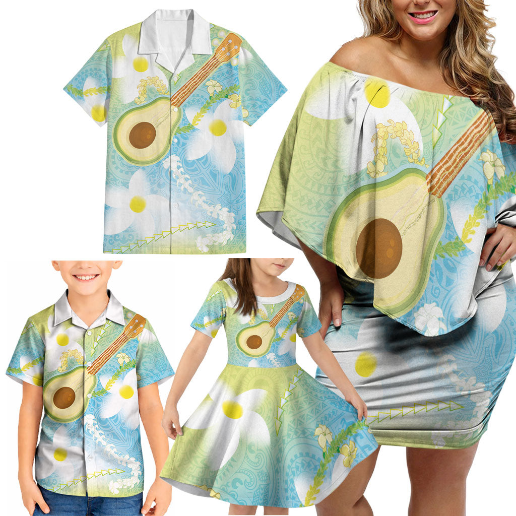 Hawaiian Ukulele Avocado Family Matching Off Shoulder Short Dress and Hawaiian Shirt Leis and Polynesian Pattern LT03 - Polynesian Pride