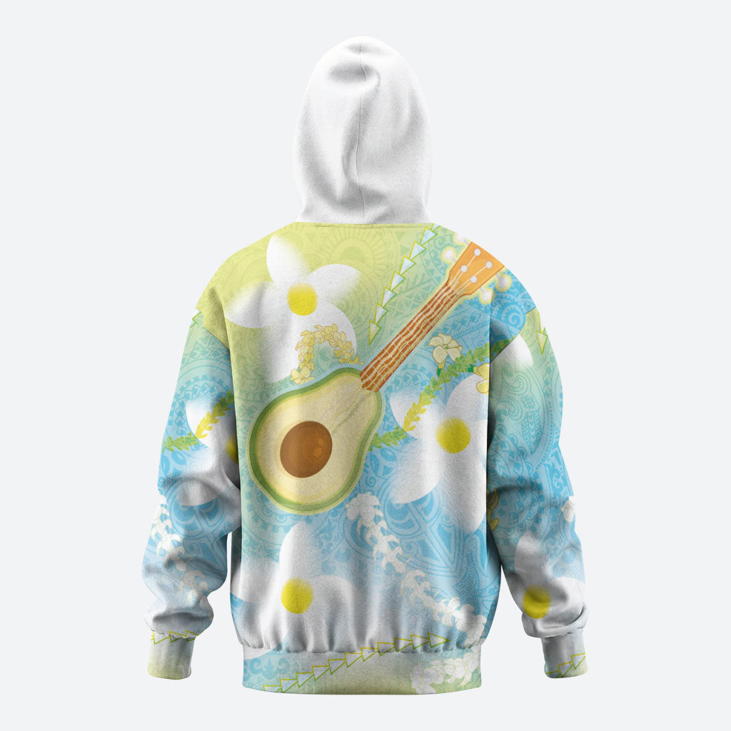 Hawaiian Ukulele Avocado Hoodie Leis and Polynesian Pattern