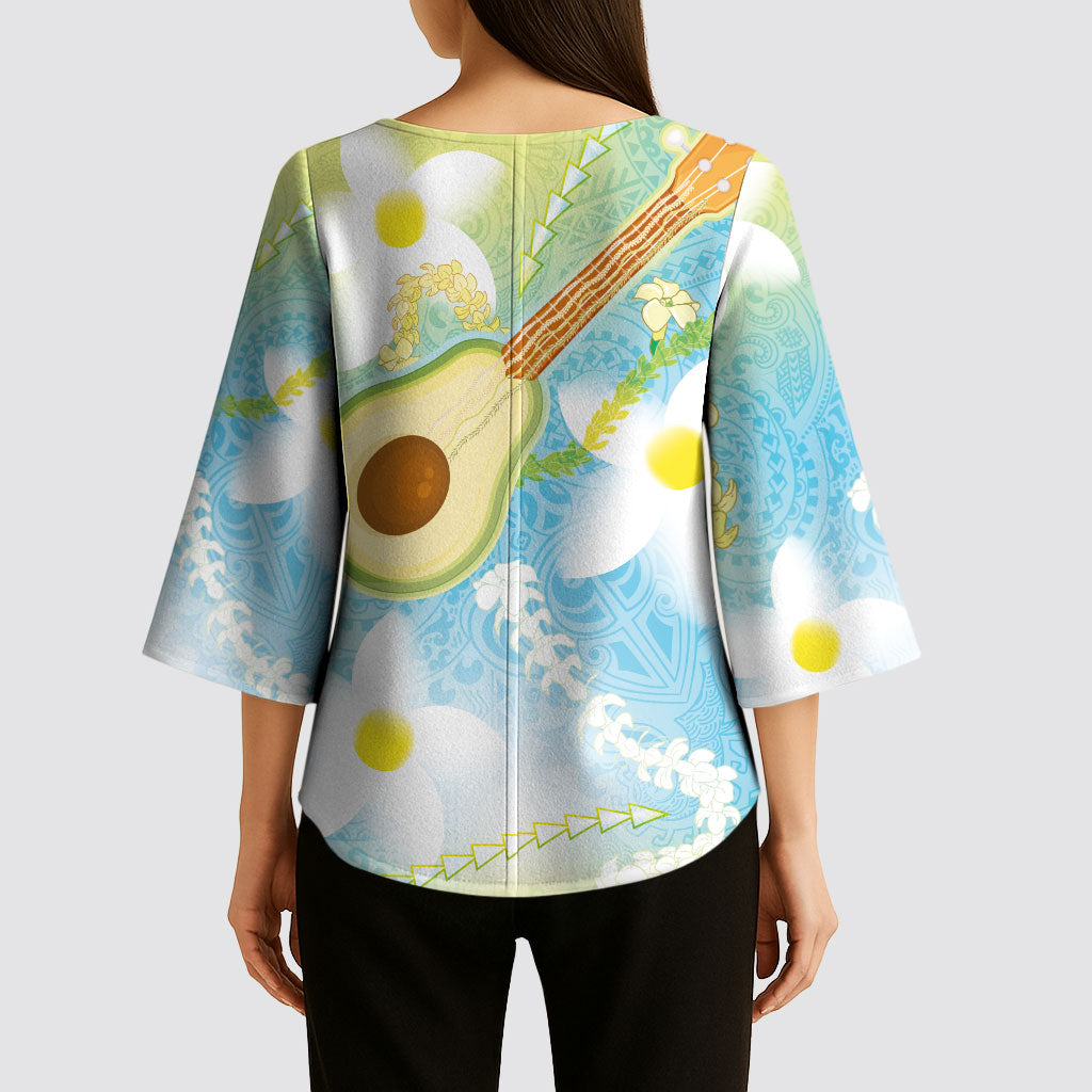 Hawaiian Ukulele Avocado Kimono Sleeve Blouse Leis and Polynesian Pattern