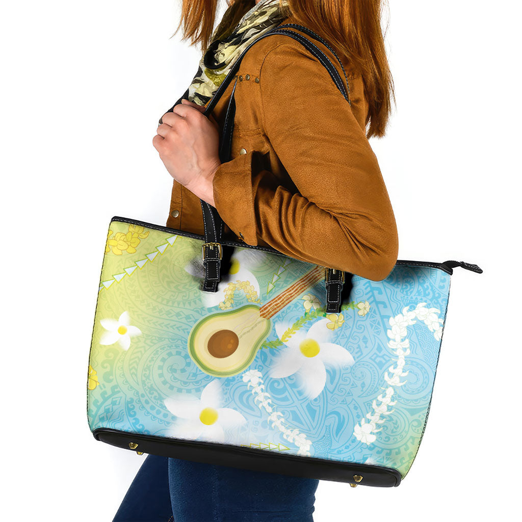 Hawaiian Ukulele Avocado Leather Tote Bag Leis and Polynesian Pattern