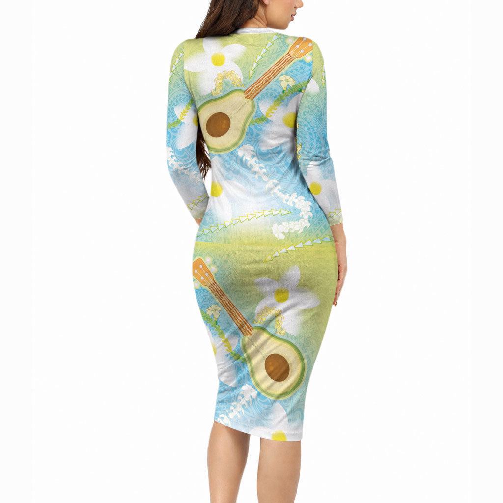 Hawaiian Ukulele Avocado Long Sleeve Bodycon Dress Leis and Polynesian Pattern