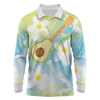 Hawaiian Ukulele Avocado Long Sleeve Polo Shirt Leis and Polynesian Pattern