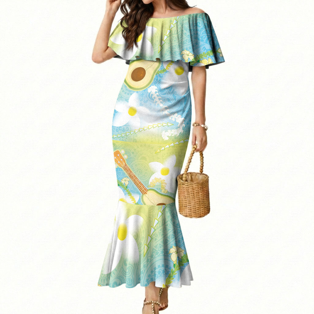 Hawaiian Ukulele Avocado Mermaid Dress Leis and Polynesian Pattern